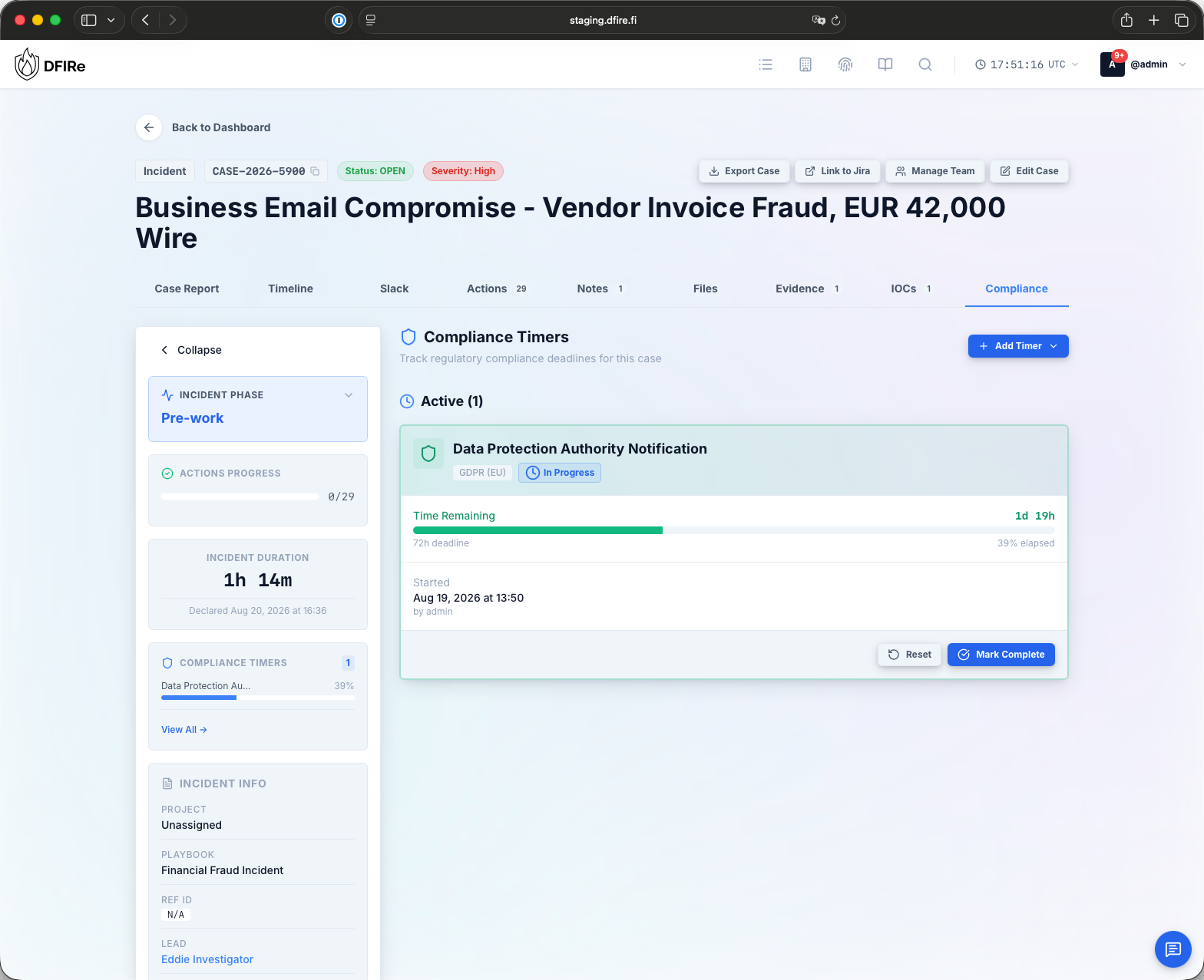 Compliance tab: a GDPR notification timer with time remaining, deadline and elapsed share