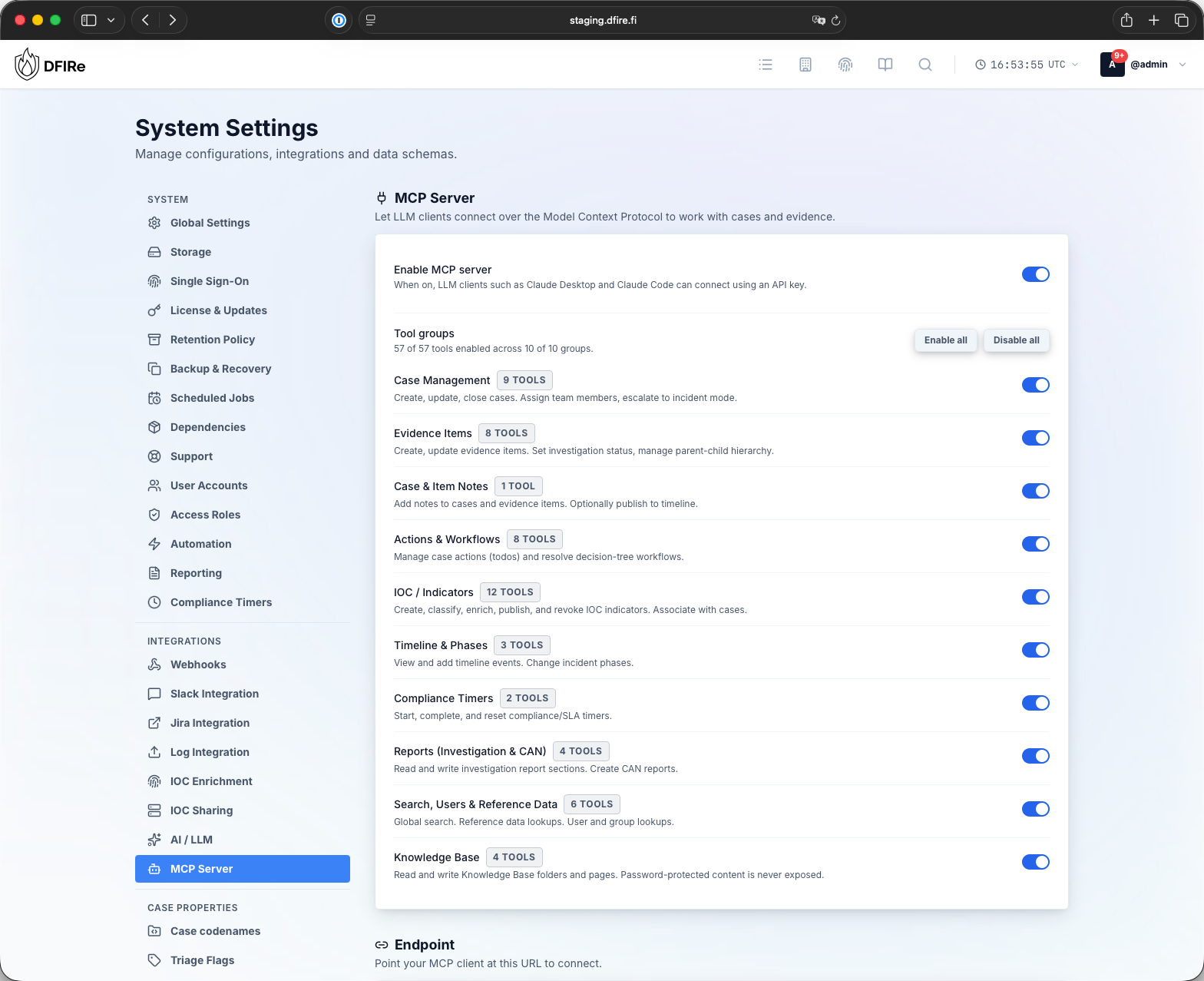 MCP server settings: tool groups an LLM client may use, each toggleable