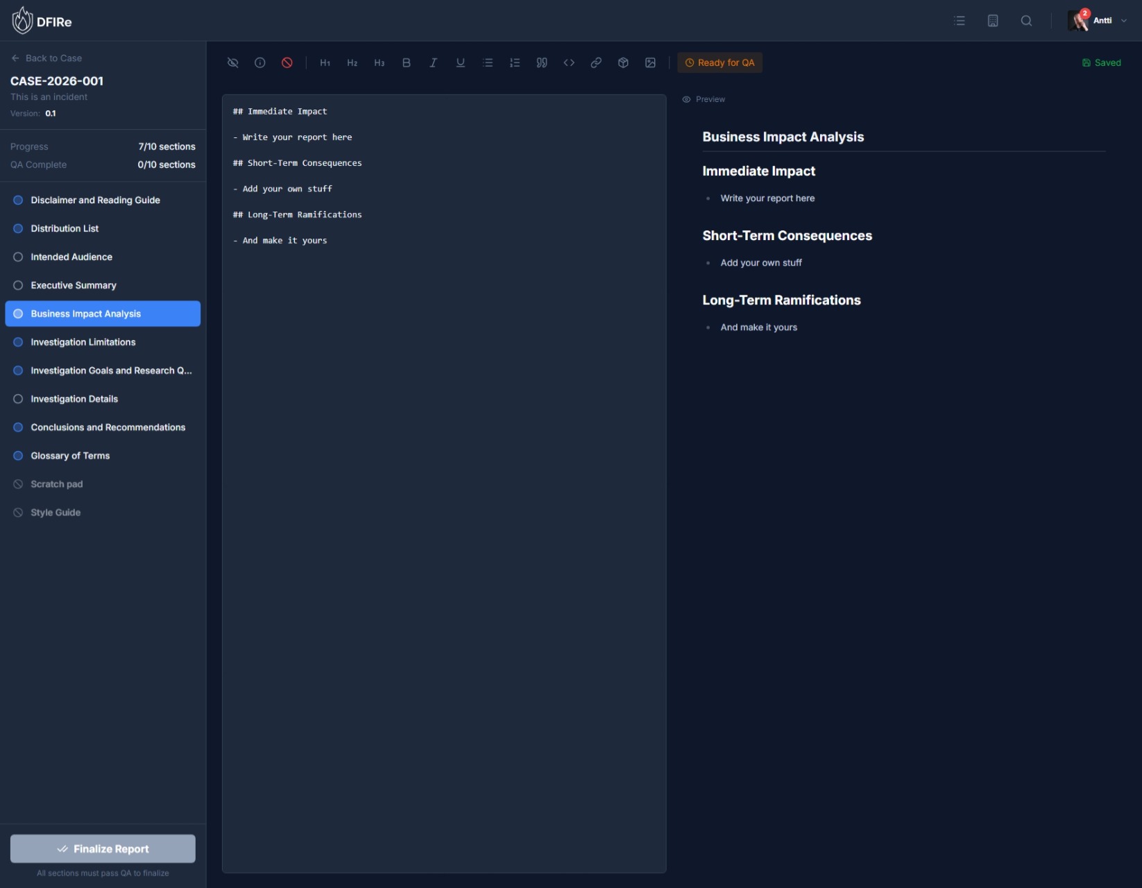 Investigation report editor