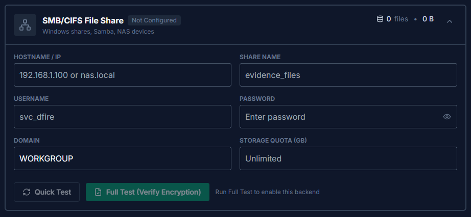 SMB/CIFS File Share storage configuration