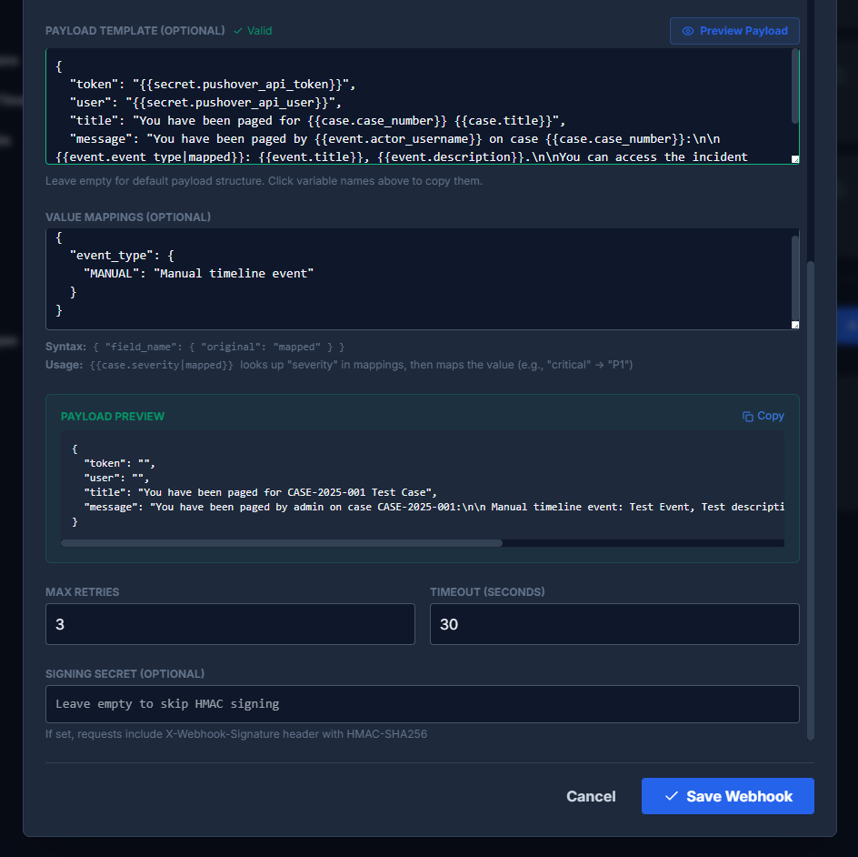 Webhook Payload Template and Value Mappings
