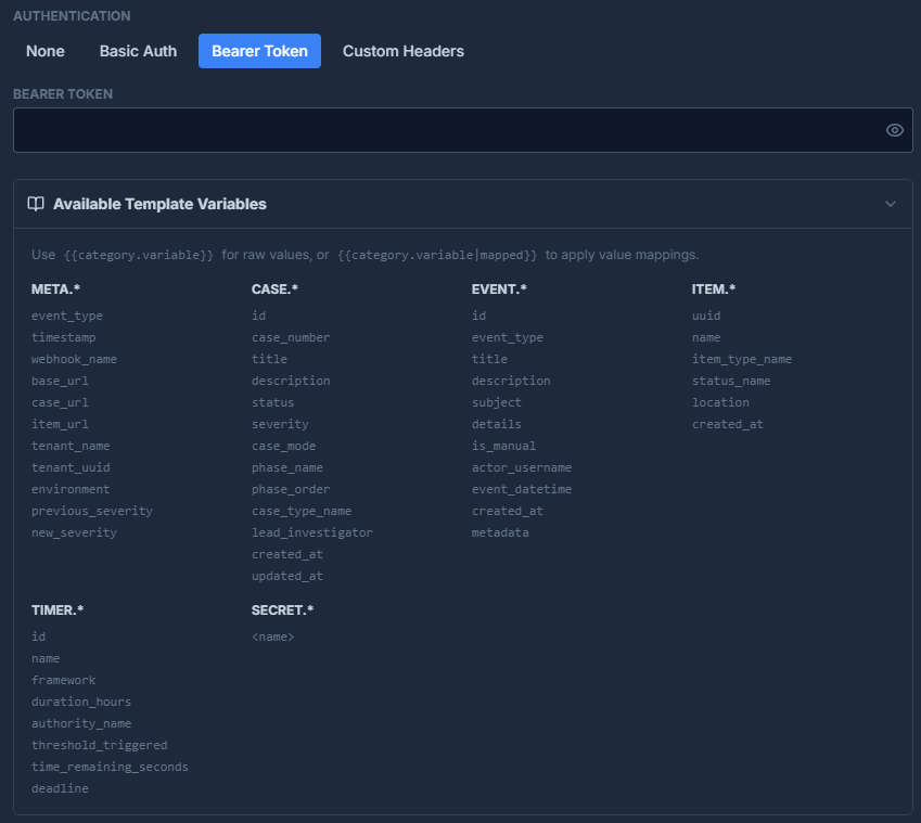 Webhook Authentication and Template Variables