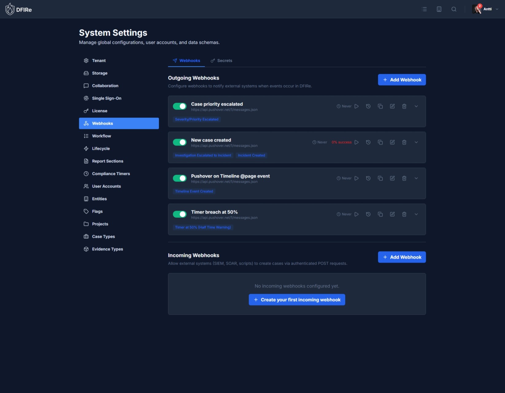 Webhook integration settings